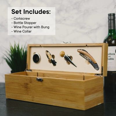 Industrial Toy Bamboo Single Wine Bottle Wood Storage Gift Case with 4 Essential Tools