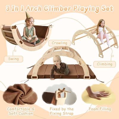 Montessori Wooden Arch Climber Kids Climbing Toy with Cushion and Rocking Design