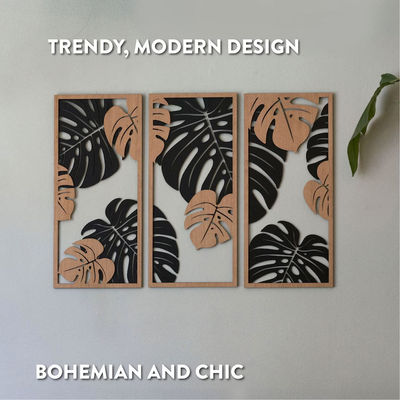 Customizable Monstera Decoration in 3 Panels Wooden Frames Included for Plant Wall Art