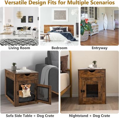 Wooden Dog Kennel End Table with Removable Cushion and Storage Drawer Gray Wood Color