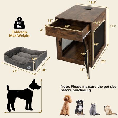 Wooden Dog Kennel End Table with Removable Cushion and Storage Drawer Gray Wood Color
