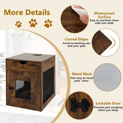 Wooden Dog Kennel End Table with Removable Cushion and Storage Drawer Gray Wood Color