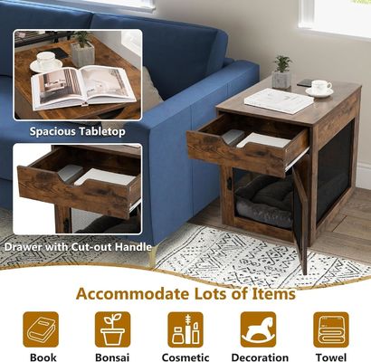 Wooden Dog Kennel End Table with Removable Cushion and Storage Drawer Gray Wood Color