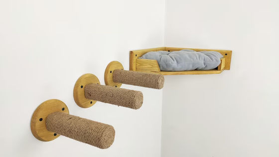 Household Wall Mounted Cat Play House with Tower Cattery Bed in Natural Wood Color