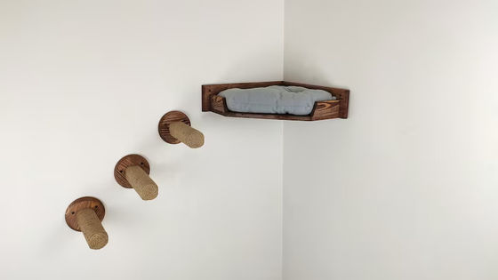Household Wall Mounted Cat Play House with Tower Cattery Bed in Natural Wood Color