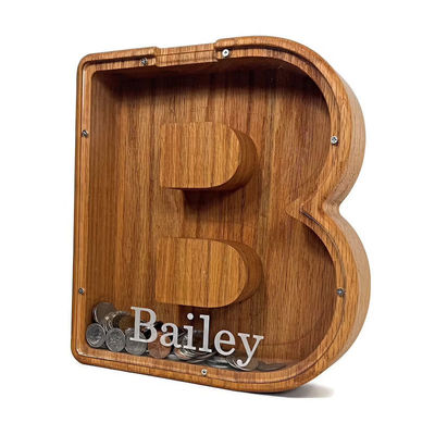Large Money Box with Personalized Alphabet Custom Logo Accepted Wooden Piggy Bank