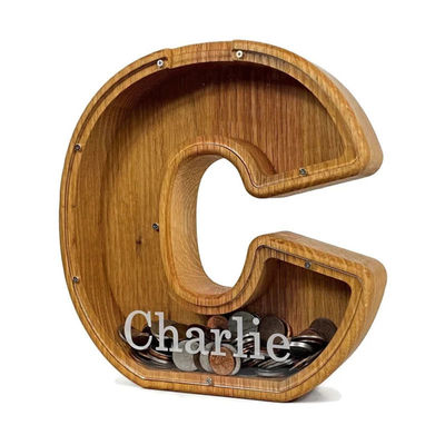 Large Money Box with Personalized Alphabet Custom Logo Accepted Wooden Piggy Bank