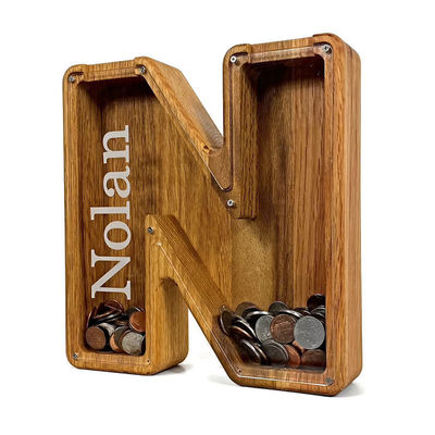 Large Money Box with Personalized Alphabet Custom Logo Accepted Wooden Piggy Bank
