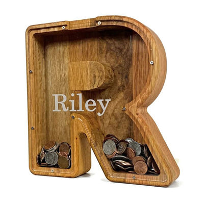 Large Money Box with Personalized Alphabet Custom Logo Accepted Wooden Piggy Bank