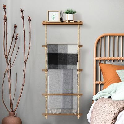 5-Tier Wooden Ladder Shelf Rustic Quilt Rack for Farmhouse Blanket Storage