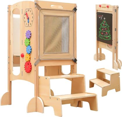 2 Step Stool Foldable Toddler Kitchen Helper Natural Bamboo Color Tower Stool for Kids