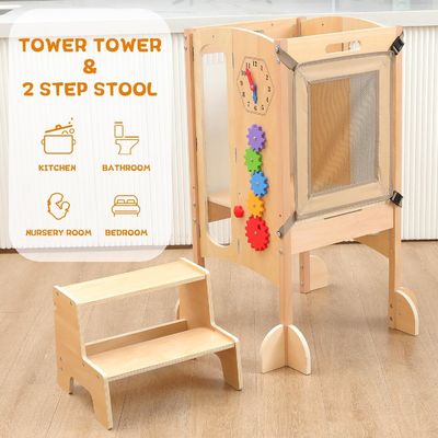 2 Step Stool Foldable Toddler Kitchen Helper Natural Bamboo Color Tower Stool for Kids