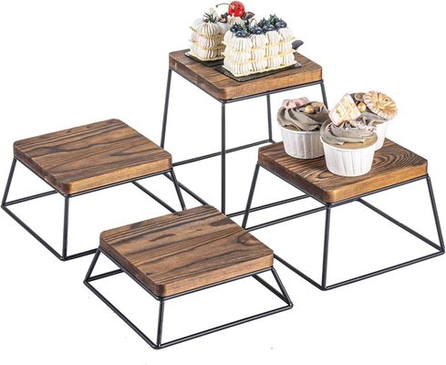 High Quantity Burnt Wood Black Metal Wire Square Food Display Wooden Pizza Stands