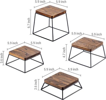 High Quantity Burnt Wood Black Metal Wire Square Food Display Wooden Pizza Stands