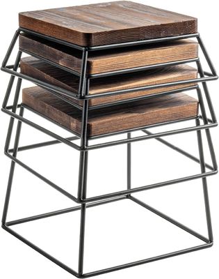 High Quantity Burnt Wood Black Metal Wire Square Food Display Wooden Pizza Stands