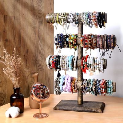 4 Tier Bangle Watch Necklace Wooden Display Jewelry Stand Holder in Antique Brown