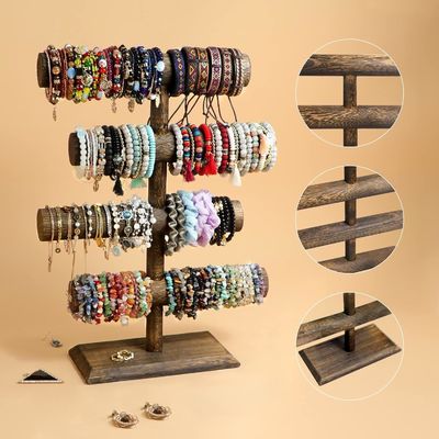 4 Tier Bangle Watch Necklace Wooden Display Jewelry Stand Holder in Antique Brown