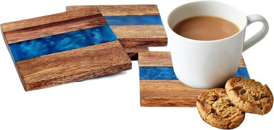 Modern Ocean Blue Epoxy Wood Resin Coaster With Holder The Perfect Choice For Any Home