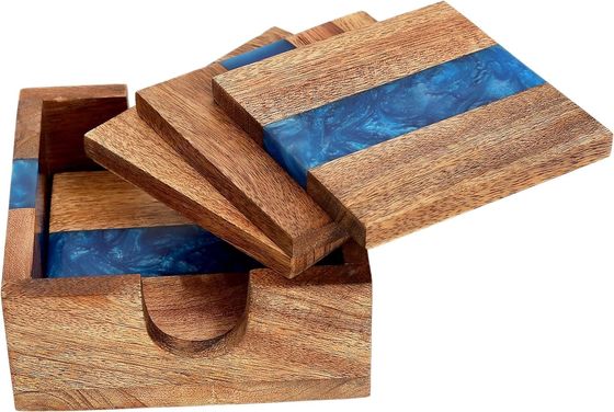 Modern Ocean Blue Epoxy Wood Resin Coaster With Holder The Perfect Choice For Any Home