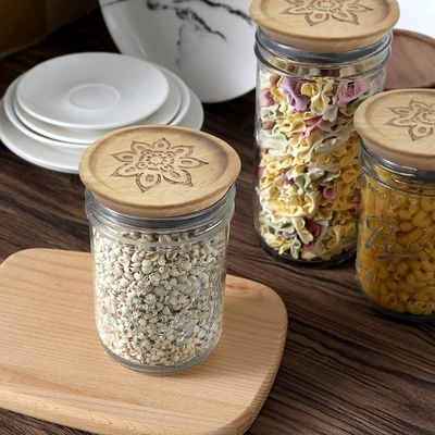 High Borosilicate Glass 6Pcs Jar Containers with Wooden Plain Color Lid and Bamboo Lid