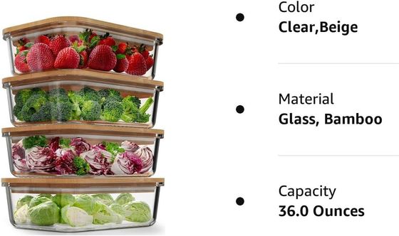 Convenient 4 Pack Glass Food Storage Containers With Bamboo Lids Easy Open End Design
