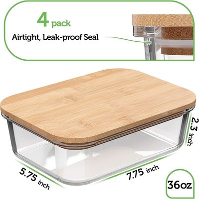 Convenient 4 Pack Glass Food Storage Containers With Bamboo Lids Easy Open End Design