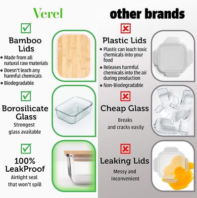Convenient 4 Pack Glass Food Storage Containers With Bamboo Lids Easy Open End Design
