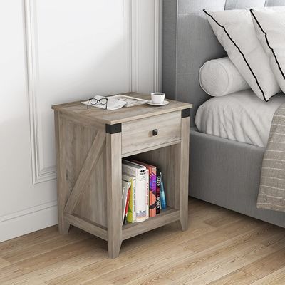 Modern Farmhouse Nightstand with Drawer Rustic Wood Bedside Table 16 x 19 x 24 inches