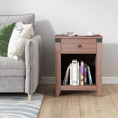 Modern Farmhouse Nightstand with Drawer Rustic Wood Bedside Table 16 x 19 x 24 inches