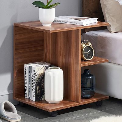 Bedroom Furniture Modern Walnut Wood Nightstand with Rolling Wheels and Open Shelf