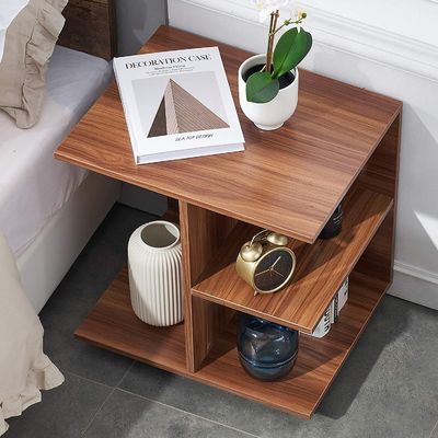 Bedroom Furniture Modern Walnut Wood Nightstand with Rolling Wheels and Open Shelf