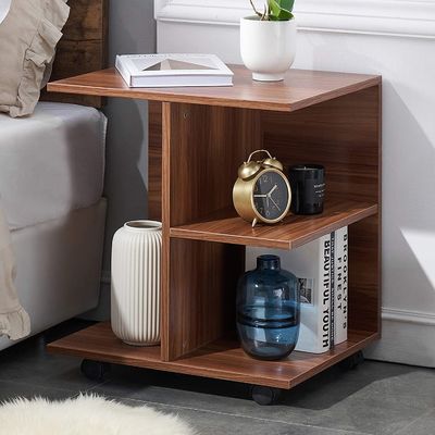 Bedroom Furniture Modern Walnut Wood Nightstand with Rolling Wheels and Open Shelf