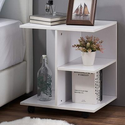 Bedroom Furniture Modern Walnut Wood Nightstand with Rolling Wheels and Open Shelf