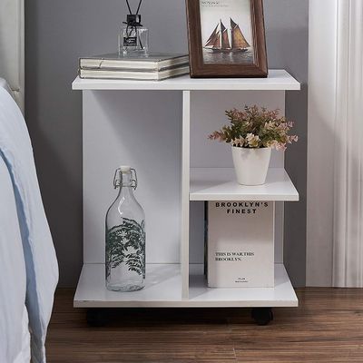 Bedroom Furniture Modern Walnut Wood Nightstand with Rolling Wheels and Open Shelf