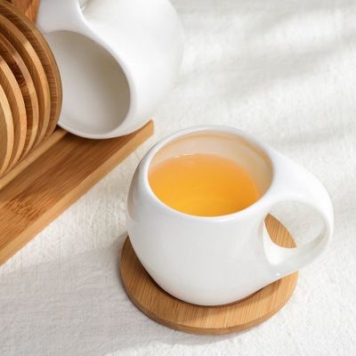 Stocked Six-Piece Ceramic Cup Set with 200 ml Capacity and Mug Coaster on Bamboo Stand