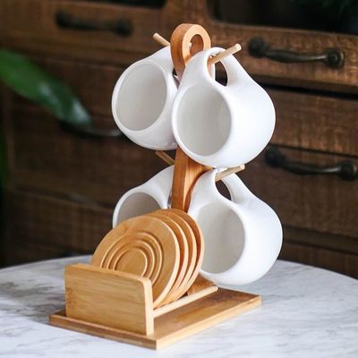 Stocked Six-Piece Ceramic Cup Set with 200 ml Capacity and Mug Coaster on Bamboo Stand