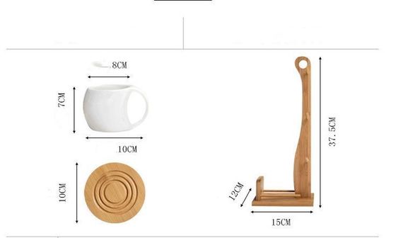 Stocked Six-Piece Ceramic Cup Set with 200 ml Capacity and Mug Coaster on Bamboo Stand