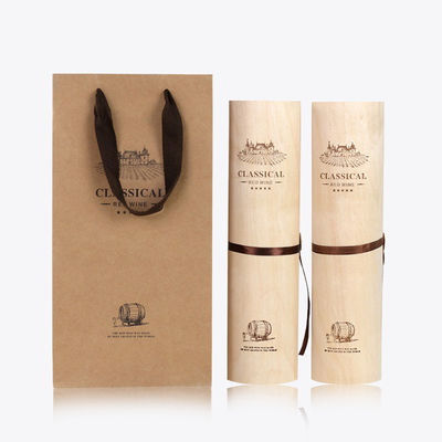 Custom Creative Empty Wood Wine Box with Handmade Birch Bark Cylinder Craftsmanship