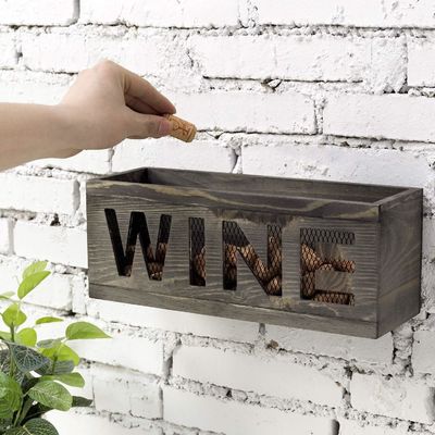 Save Space Wall Mounted Vintage Gray Weathered Wood Open Top Cork Holder Wooden Box with Metal Wire Mesh