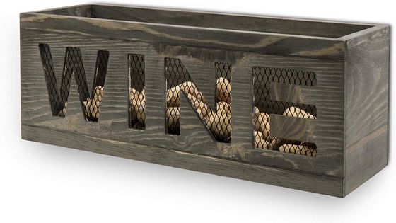Save Space Wall Mounted Vintage Gray Weathered Wood Open Top Cork Holder Wooden Box with Metal Wire Mesh