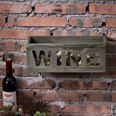 Save Space Wall Mounted Vintage Gray Weathered Wood Open Top Cork Holder Wooden Box with Metal Wire Mesh