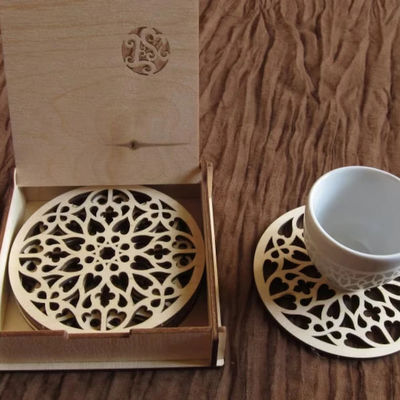 Unique Wooden Rosette Coasters for Coffee Cup in Natural Birch and Gothic Rustic Design