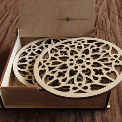 Unique Wooden Rosette Coasters for Coffee Cup in Natural Birch and Gothic Rustic Design