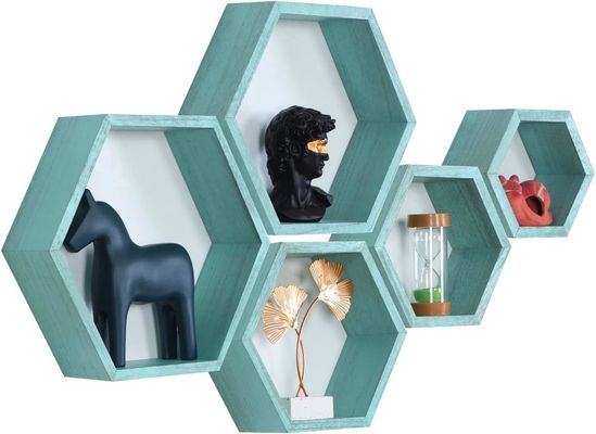 Wood Farmhouse Storage Honeycomb Wall Shelf Wall Mounted Set 5 Hexagon Floating Shelves