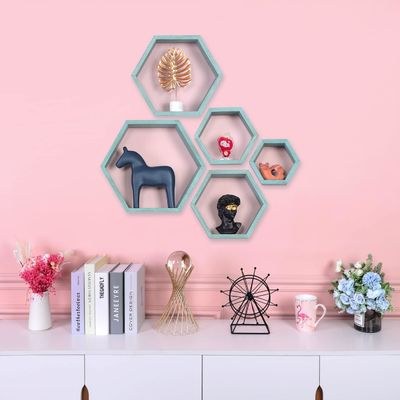 Wood Farmhouse Storage Honeycomb Wall Shelf Wall Mounted Set 5 Hexagon Floating Shelves