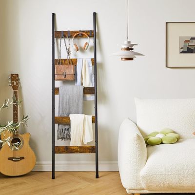 202405 Bathroom Blanket Ladders Wall Leaning Metal Holder Rack with Hooks and Printing burned