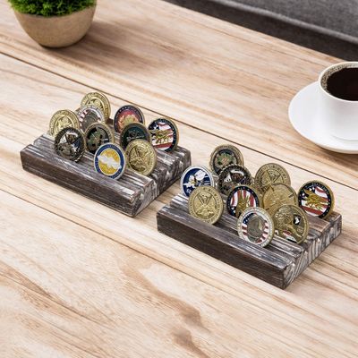 Painted Brown 4 Row Torched Wood Military Challenge Coin Display Holder Stand 4x6x1inch
