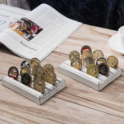 Painted Brown 4 Row Torched Wood Military Challenge Coin Display Holder Stand 4x6x1inch