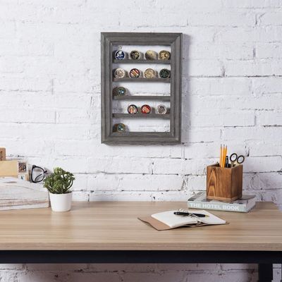 5-Tier Vintage Gray Wood Printing Burned Challenge Coin Display Rack for Wall Mount