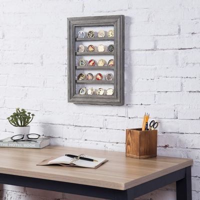 5-Tier Vintage Gray Wood Printing Burned Challenge Coin Display Rack for Wall Mount